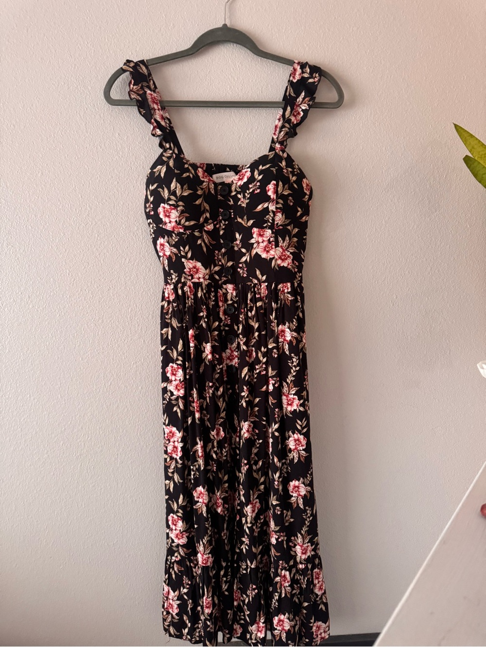 Women’s Black Floral Midi Dress with Pink Blossom Print